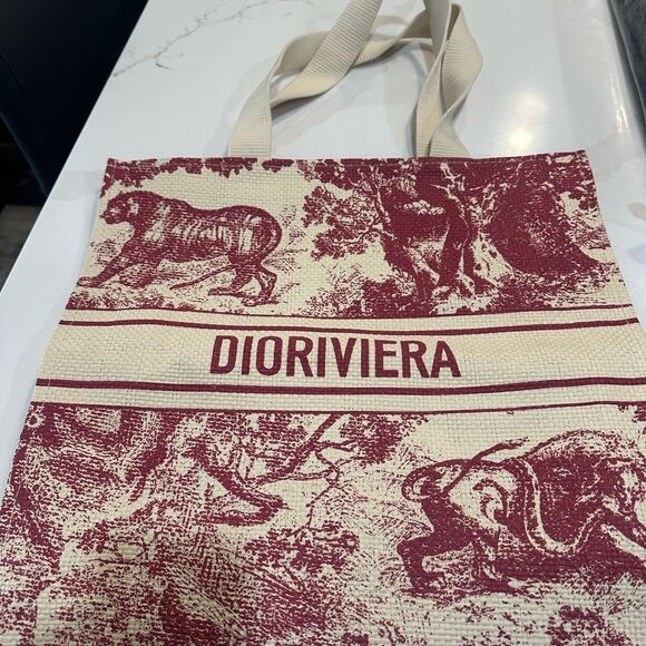 Christian Dior Red and Cream Dior Riviera Straw Tote Bag - Picture 5 of 6